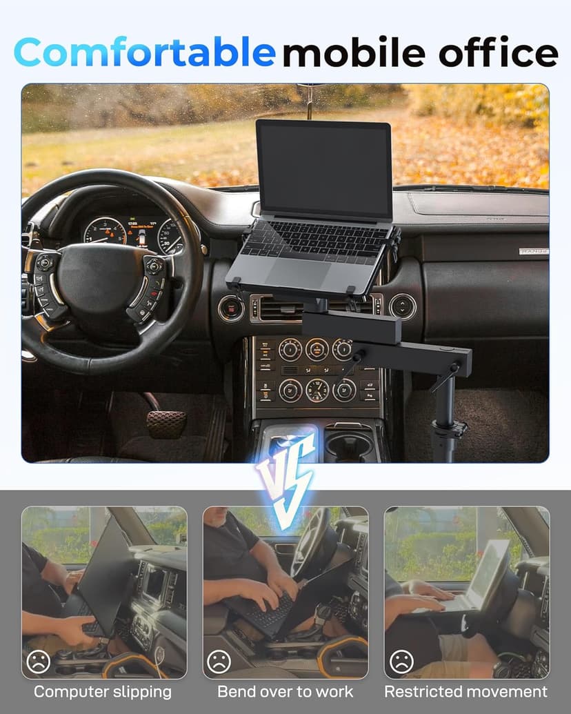 Car Laptop Mount for Vehicle, Trucks, Vans, Adjustable Aluminum No-Drill Laptop Car Holder
