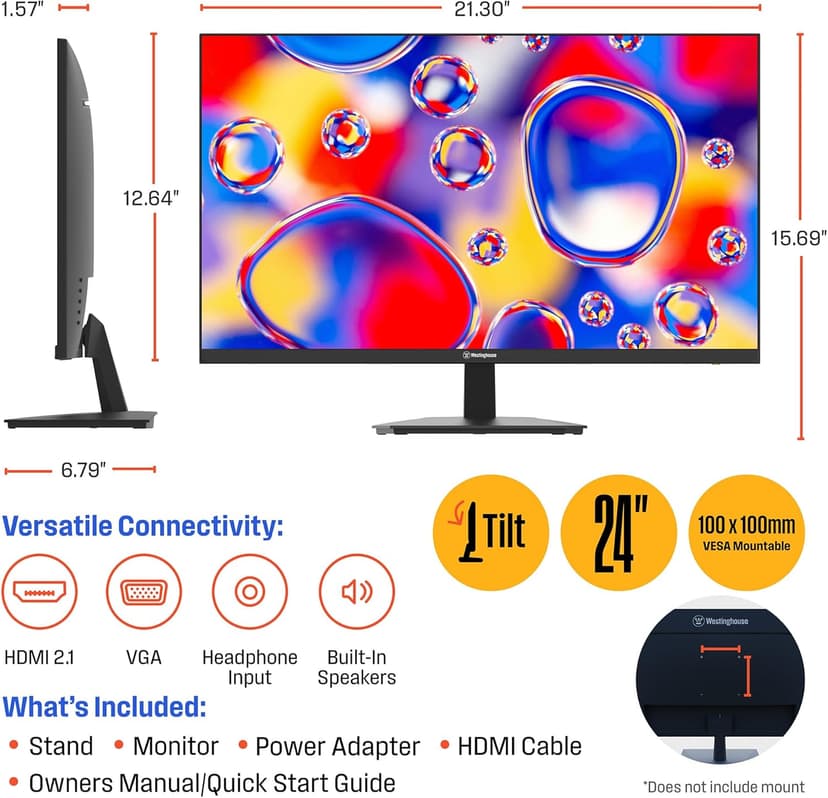 Westinghouse 24 Inch Computer Monitor, 100Hz, 1080p Full HD IPS Display, Adaptive Sync, Blue Light Protection, Home Office PC Screen with Built in Speakers, HDMI, VGA, for Work & Productivity