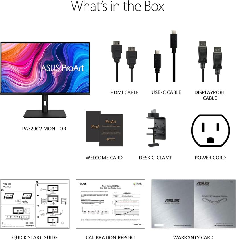 ASUS ProArt Display 32” 4K HDR Monitor (PA329CV) - UHD (3840 x 2160), IPS, 100% sRGB/Rec.709, ΔE < 2, Calman Verified, USB-C Power Delivery, DisplayPort, HDMI, USB 3.1 Hub, C-clamp, Height Adjustable