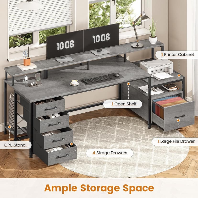 SEDETA 75'' Computer Desk with 5 Drawer, Power Outlet & Led Lights, Home Office Desk with File Drawer, Storage Shelves, Printer Cabinet and Monitor Shelf, 23.6" W Large Desktop Gaming Desk, Grey