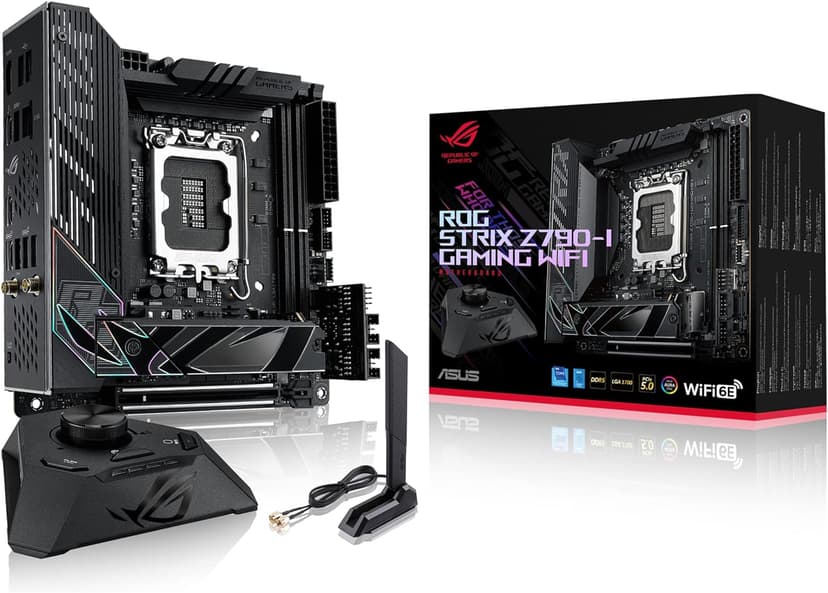 ASUS ROG Strix Z790-I Gaming WiFi Intel® Z790 LGA 1700 Mini-ITX motherboard, 10 + 1 power stages, DDR5, two M.2 slots, PCIe® 5.0, WiFi 6E, Thunderbolt™ 4, and USB 3.2 Gen 2x2 Type-C®