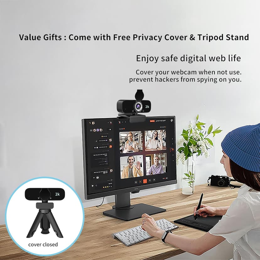 Webcam for PC, 2K Webcam with Noise-Canceling Mic, Tripod, Privacy Cover, 120°FOV, Auto Focus/Light Correction/Selfie Beauty, USB Web Camera for Streaming/Meeting/Video/Zoom/Broadcast/YouTube