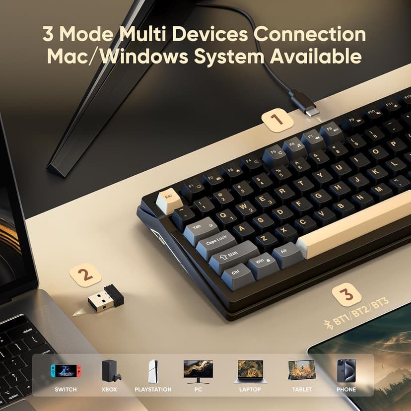RedThunder K95 Wireless Mechanical Keyboard, TFT Screen & Knob, Tri-Mode BT5.0/2.4GHz/USB-C Hot Swappable Custom, Pre-lubed Linear Pink Switches, Gasket Structure, RGB Gaming Keyboard, Black-Gold