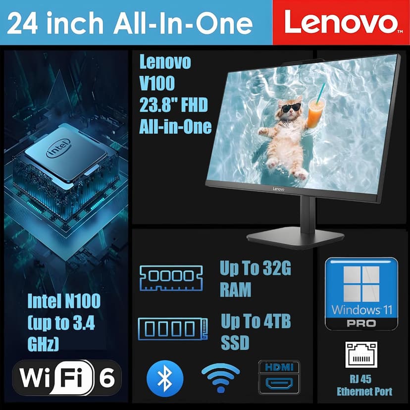 Lenovo 23.8" FHD All-in-One Desktop Computer for Home & Business, Intel N100 (up to 3.4 GHz), 32GB RAM, 1TB SSD, Intel UHD Graphics, RJ45, Bluetooth, HDMI, Wi-Fi, Keyboard & Mouse, Windows 11 Pro