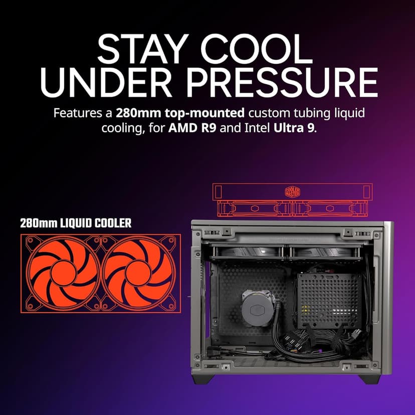 Cooler Master NR200P MAX V2 Mini-ITX PC Case, Top-Mount 280mm AIO, 357mm Vertical GPU Mount, V850W SFX Gold PSU, 90° 12VHPWR, 600W PCIe 5.1, Compatible RTX 5090, RX 7090 XT, Tempered Glass, DIY