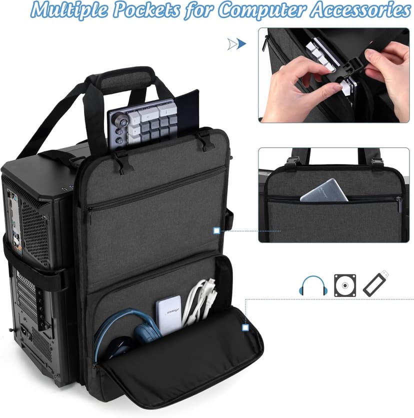 Trunab PC Tower Carrying Strap with Handle, Desktop Carrying Case with Pockets for Keyboard, Cable and Computer Accessories, Ideal for Transporting On The Go (Patented Design)
