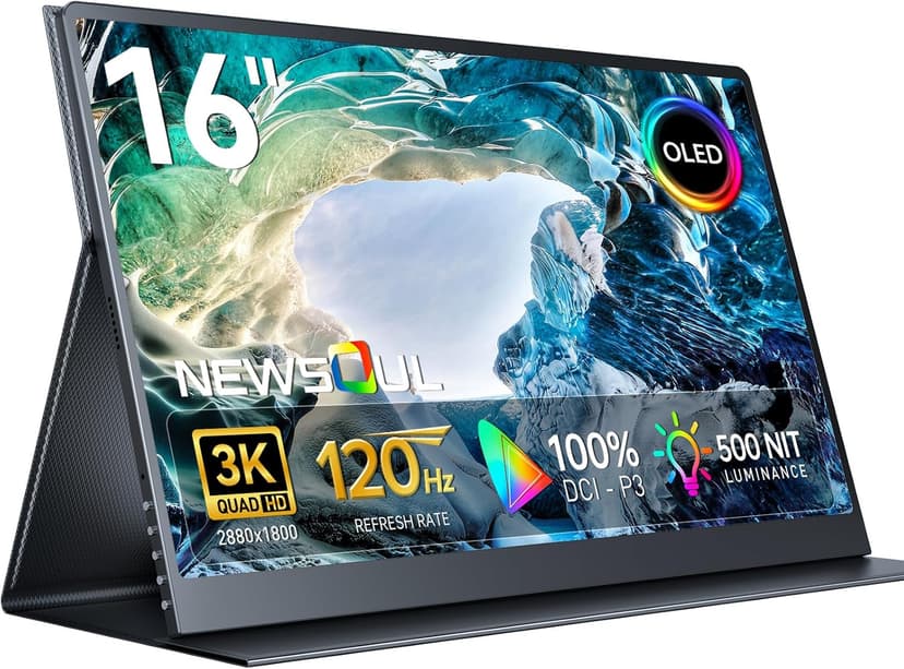 Newsoul 16" OLED Portable Monitor, Laptop Screen Extender 3K 2880x1800 120Hz 0.1ms Response, 500 Nits Brightness, 100000:1 Contrast, 100% DCI-P3 Ultra-Slim Travel Monitor for Phone Game Consoles