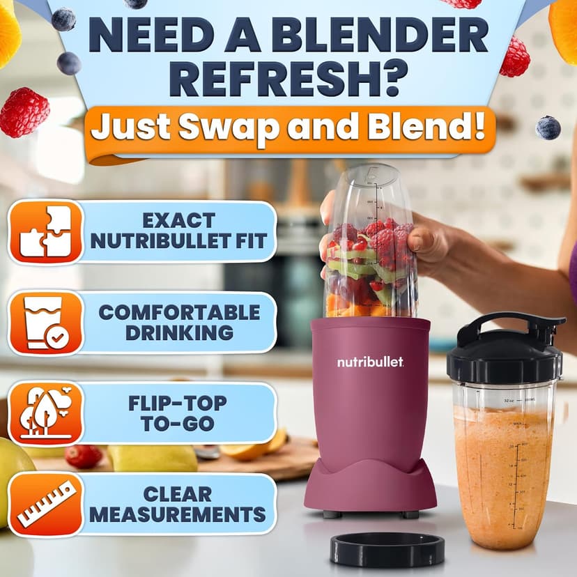 Bullet Blender Cups 32 oz - 7 PCs Blender Cup Replacement Set Compatible with 600W and Pro 900W High-Speed Systems - Stainless Steel Extractor Blade for Mixing, Smoothies, Juicing, and More