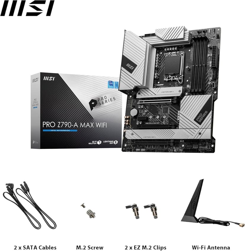 msi PRO Z790-A MAX WiFi ProSeries Motherboard (Supports 12th/13th/14th Gen Intel Processors, LGA 1700, DDR5, PCIe 5.0, M.2, SATA 6G, 2.5Gbps LAN, USB 3.2 Gen2, Wi-Fi 7, Bluetooth 5.4, ATX)