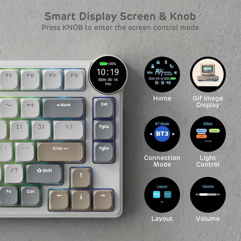 RK ROYAL KLUDGE N80 Low Profile Mechanical Keyboard w/Smart Display Screen & Knob, 75% Top Mount 3-Modes Wireless Mechanical Keyboard, Software Support, Massive Battery, 80 Keys, Tactile Brown Switch