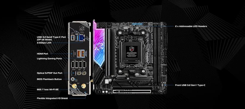ASRock AMD B850i Lightning WiFi 6E Socket AM5 Ryzen 9000/8000/7000 Series DDR5 8200+ (OC) MHz 128GB Mini ITX Motherboard M.2 SATA3 6.0 Gb/s PCIe 5.0 B850 BIOS Flashback
