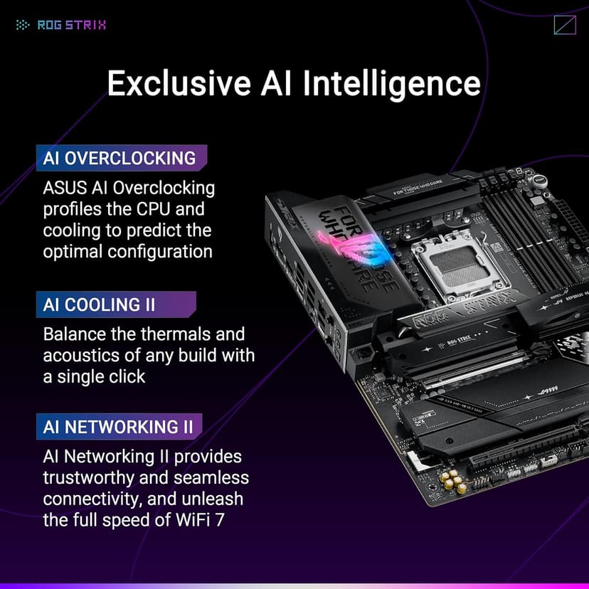 ASUS ROG Strix X870E-E Gaming WiFi AMD AM5 X870 ATX Motherboard 18+2+2 Power Stages, Dynamic OC Switcher, Core Flex, DDR5 AEMP, WiFi 7, 5X M.2, PCIe® 5.0, Q-Release Slim, USB4®, AI OCing & Networking