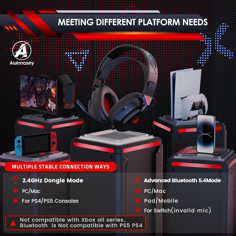 PH3 Wireless Gaming Headset for PS5, PS4, Switch, PC, Mac, Wireless Gaming Headphones with Microphone, Low Latency 2.4GHz Bluetooth Over Ear Headphones with Lossless Audio, 50Hrs Battery, Black