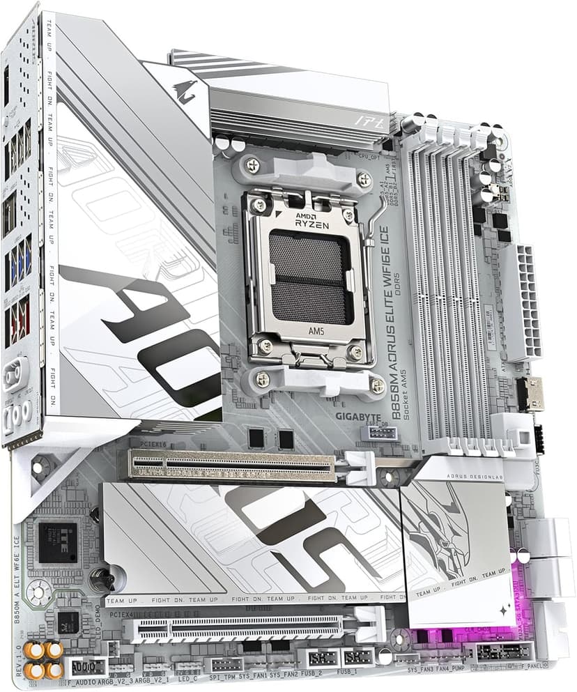 GIGABYTE B850M AORUS Elite WIFI6E ICE AMD AM5 LGA 1718 Motherboard, mATX, DDR5, 2X M.2, PCIe 5.0, USB-C, WIFI6E, 2.5GbE LAN, EZ-Latch, 5-Year Warranty