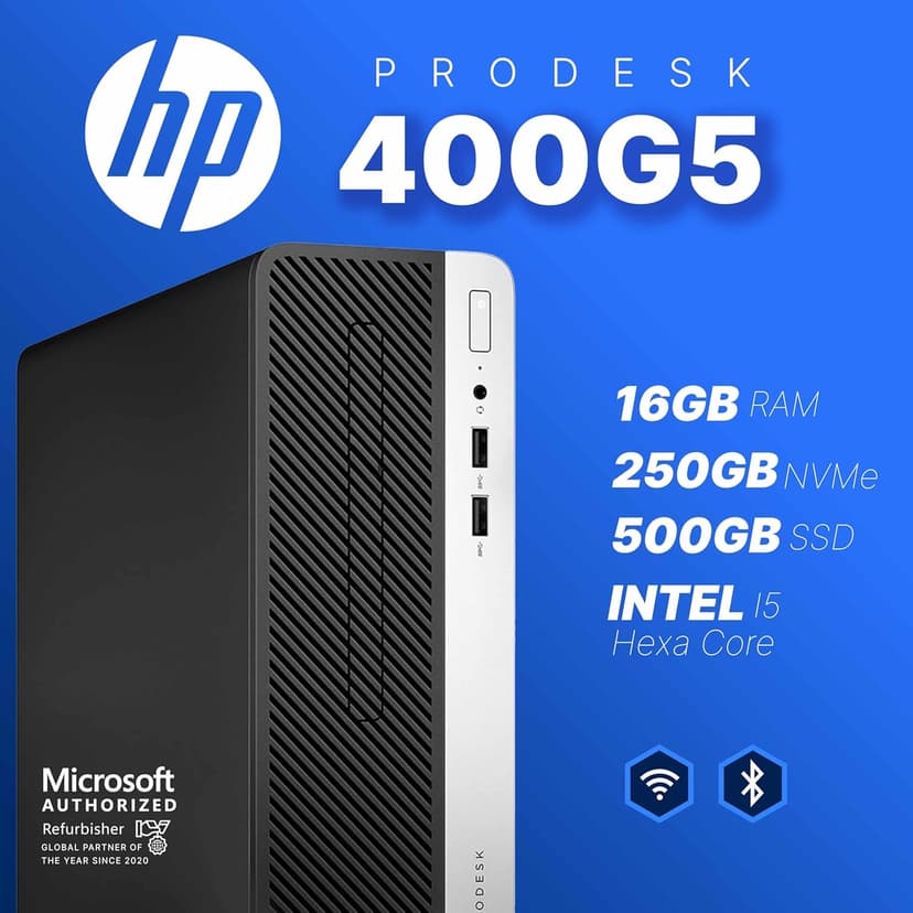 HP 400G5 ProDesk Desktop PC | Windows 11 Pro | Intel i5-8500 | 16GB RAM - 250GB NVME + 500GB SSD | 22" Monitor | RGB Speakers + Keyboard/Mouse | AX200 WiFi + BT | Home Office Computer (Renewed)