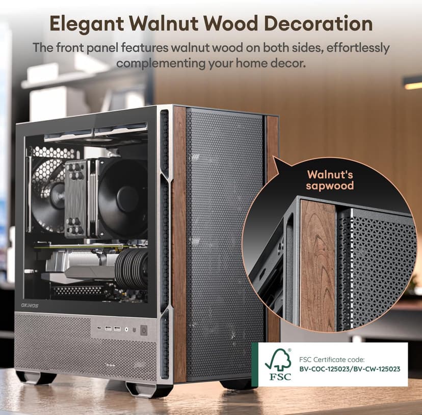 Genuine Walnut Wood Micro ATX Case, MATX PC Case with 4 × 120mm 3 Pin Non-PWM Case Fans Pre-Installed, Temper Glass Side Panel, with Type-C, Black, Cypress 3 Wood