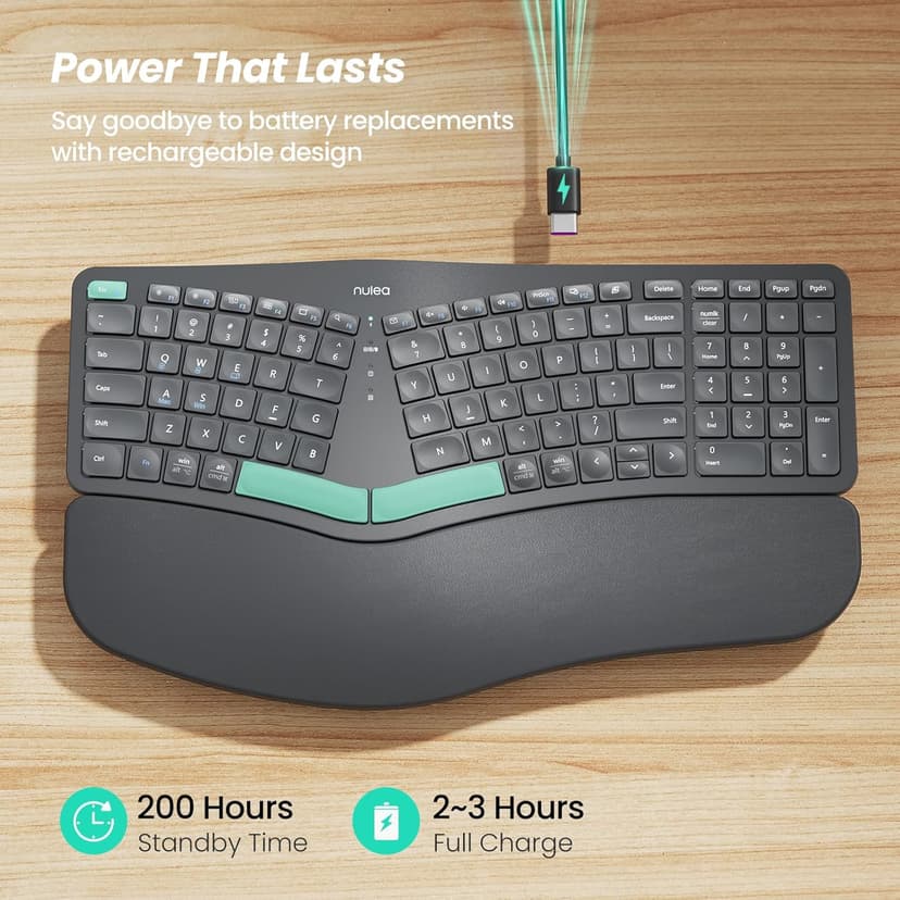Nulea Wireless Ergonomic Keyboard, Split Keyboard with Cushioned Wrist Rest, Bluetooth and USB Connectivity, USB-C Rechargeable, Compatible with Windows Mac