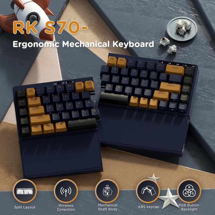 RK ROYAL KLUDGE RKS70 Ergonomic Split Keyboard, Wireless Gaming Keyboard with Bluetooth/2.4G/Wired, 75% RGB Hot Swappable Mechanical Keyboards Fixed Wrist Rest for Win/Mac, Black