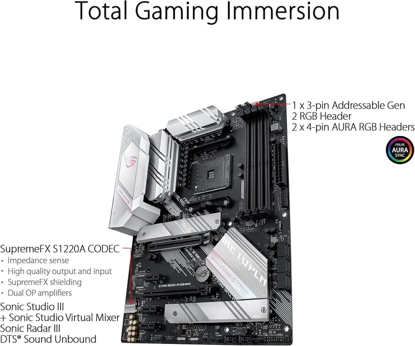 ASUS ROG Strix B550-A Gaming Desktop Motherboard - AMD B550 Chipset - Socket AM4 - ATX - 128 GB DDR4 SDRAM Maximum RAM - DIMM, UDIMM - 4 x Memory Slots - HDMI - DisplayPort - 6 x SATA Interfaces