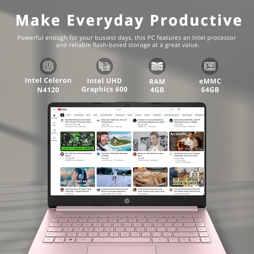 HP Stream 14" HD BrightView Laptop, Intel Celeron N4120 Processor, 4GB RAM, 64GB Storage, Intel HD Graphics, 720p Webcam, 1 Year Office 365, Pink, Win 11 S, 32GB Hotface USB Card