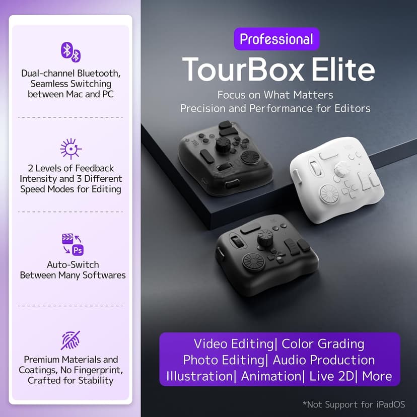 TourBox Elite - Bluetooth Controller for Video Photo Editing Color Grading, Davinci Resolve Speed Editor, MacOS/Windows, Lightroom Photoshop Premiere Final Cut Pro Programmable Keyboard