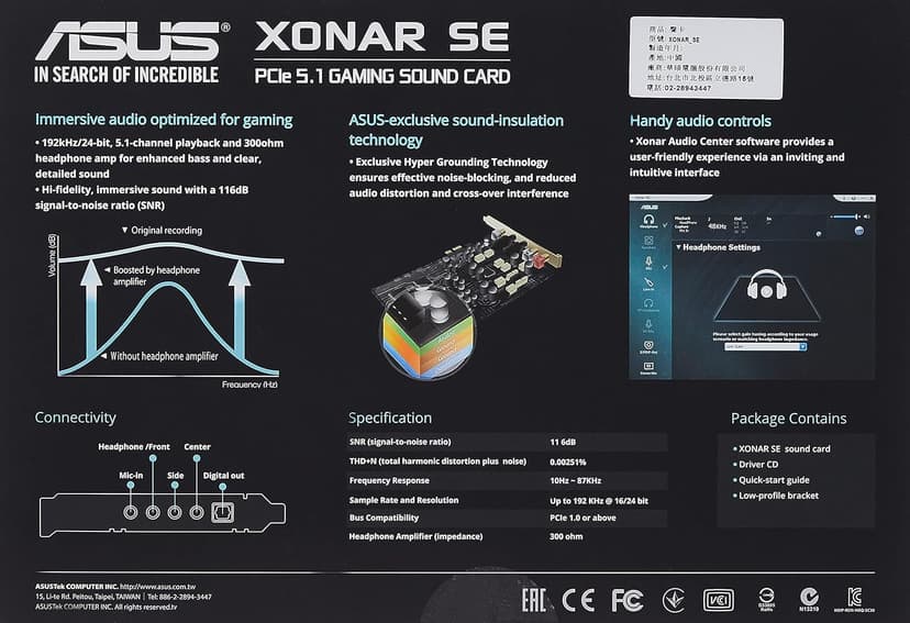 ASUS XONAR SE 5.1 Channel 192kHz/24-bit Hi-Res 116dB SNR PCIe Gaming Sound Card with Windows 10 compatibility