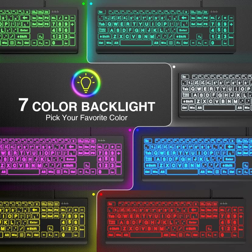 SABLUTE Large Print Backlit Keyboard, Wired USB Lighted Computer Keyboards with 7-Color & 4 Modes Backlit, Oversize Letters Keys Easy to See and Type, Quiet Keyboard Compatible for PC, Laptop