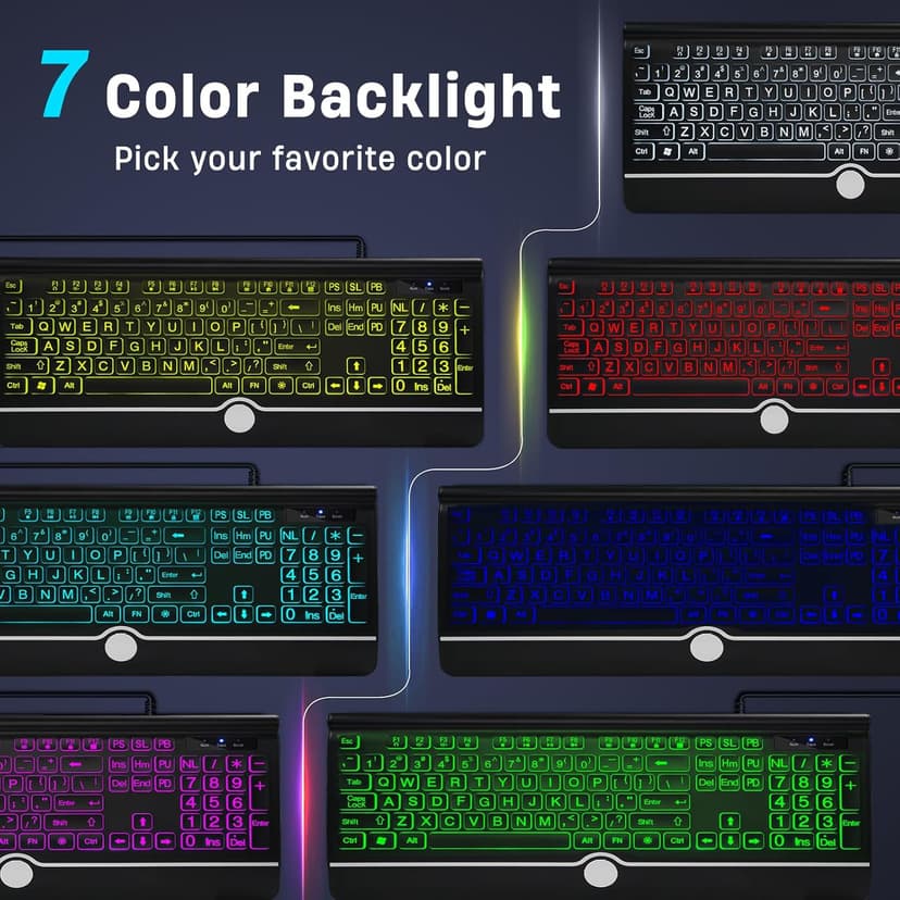 Large Print Backlit Computer Keyboard, 7-Color Backlit Keyboard with Wrist Rest, USB Plug-and-Play, Oversize Letters Keys Easy to See and Type, Wired Light Up Keyboards for Laptop, PC, Gaming