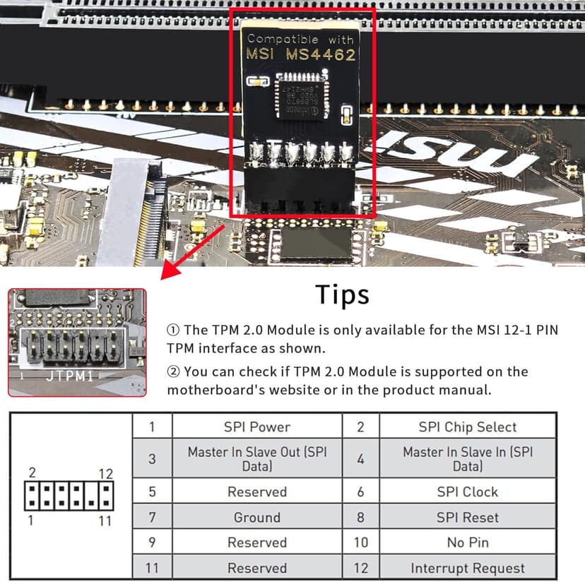 TPM 2.0 12Pin Module Chip for MSI Motherboards, Secure Boot and Data Protection for Windows 11/10