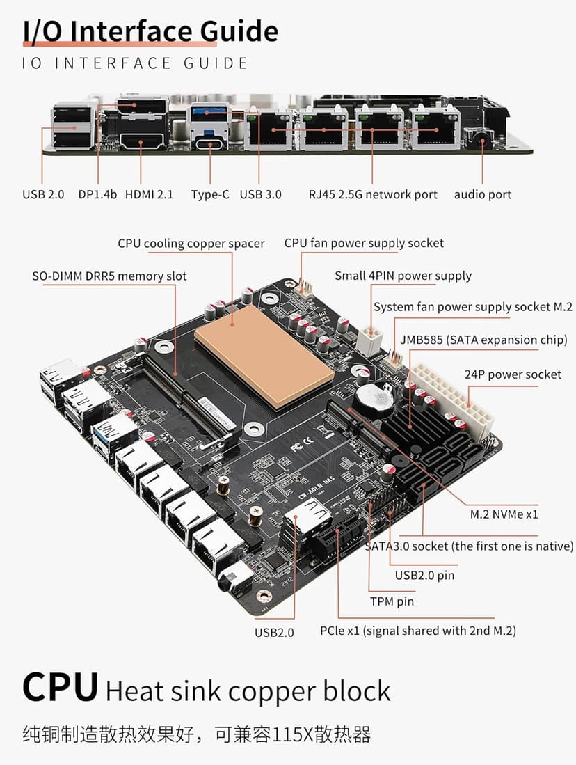 I3-N305 Industrial Motherboard NAS 8 Cores 8 Threads Low Power Processor 4x2.5G i226 Network M.2 Slot 6xSATA DP HDMI 2.0 PCIE ×1