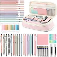 56 PCS Aesthetic School Supplies with Large Pencil Case, 5 Inspirational Ballpoint Pens, 12 Pastel Highlighters, 5 Black Ink Gel Pens, 6 Mechanical Pencils 0.5-0.7mm Student Essentials (Pink)