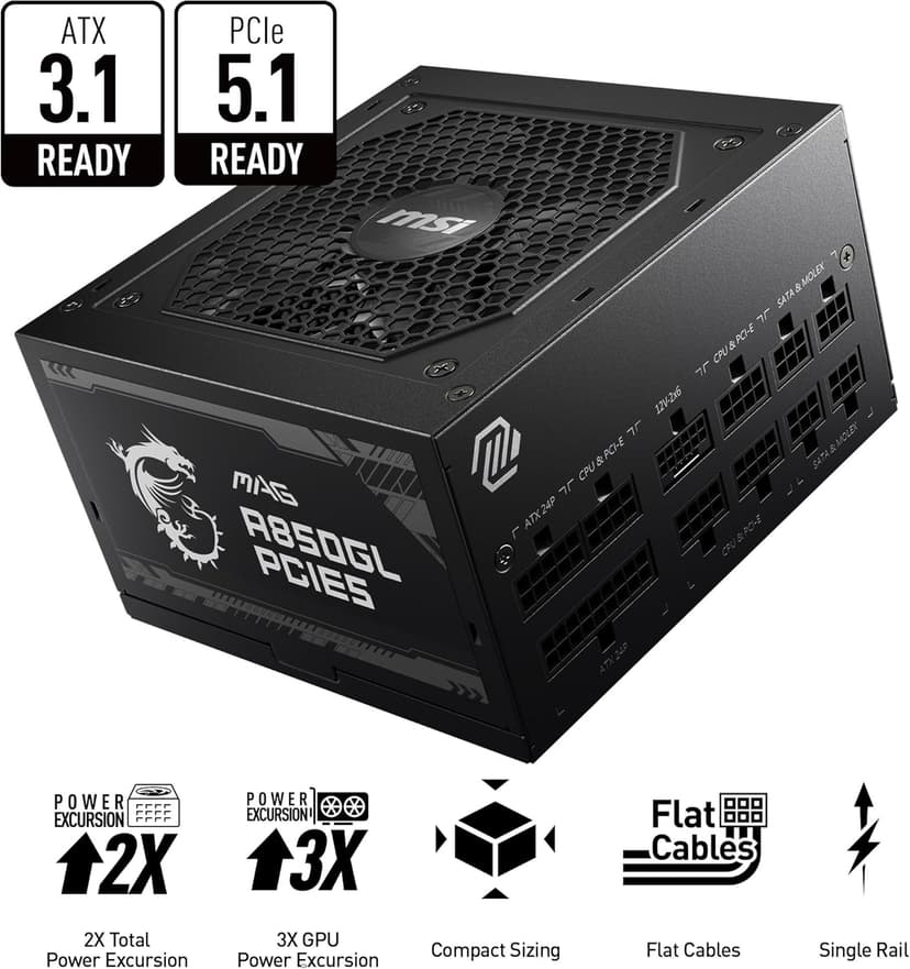 MSI MAG A850GL PCIE 5.1 & ATX 3.1 Gaming Power Supply - Full Modular - 80 Plus Gold Certified 850W - Compact Size - ATX PSU - 10 Year Warranty