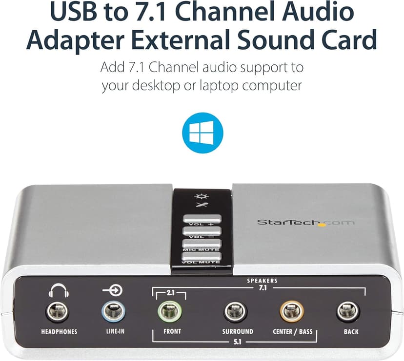 StarTech.com 7.1 USB Sound Card - External Sound Card for Laptop with SPDIF Digital Audio - Sound Card for PC - Silver (ICUSBAUDIO7D)