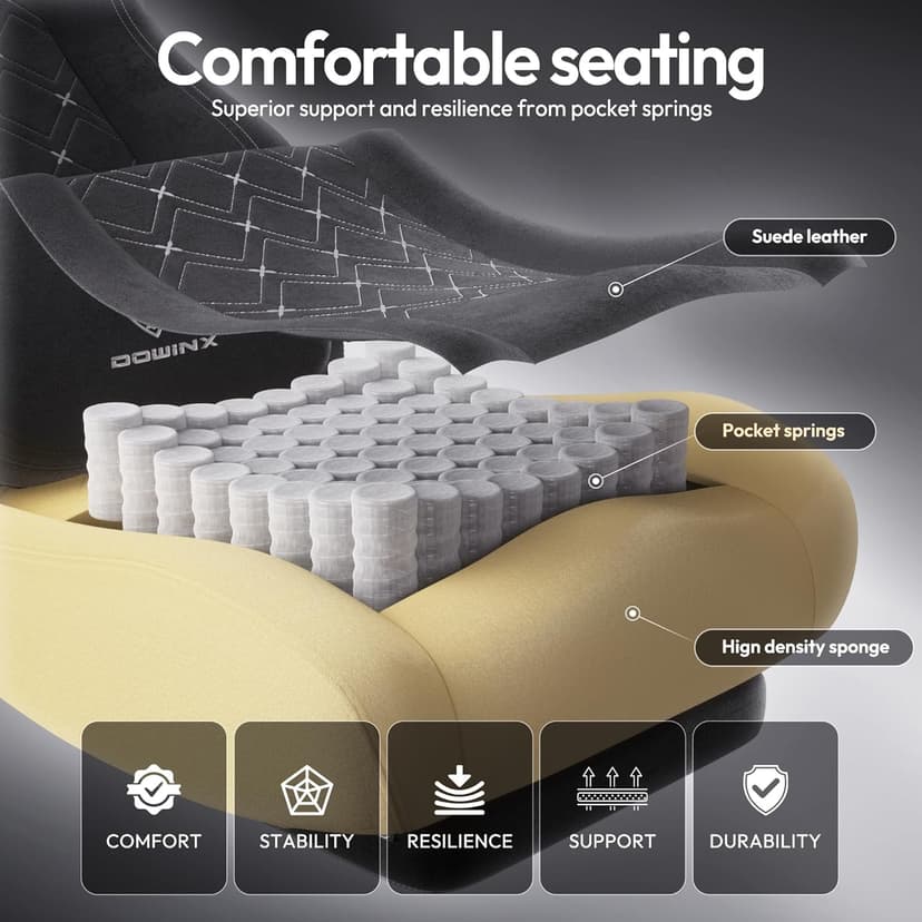 Dowinx Fabric Gaming Chair with Heated Massage Lumbar Support, Computer Game Chairs for Adults, Big and Tall Gamer Chair with Pocket Spring Cushion and Footrest, Recliner Gaming Chairs for Adult,Black