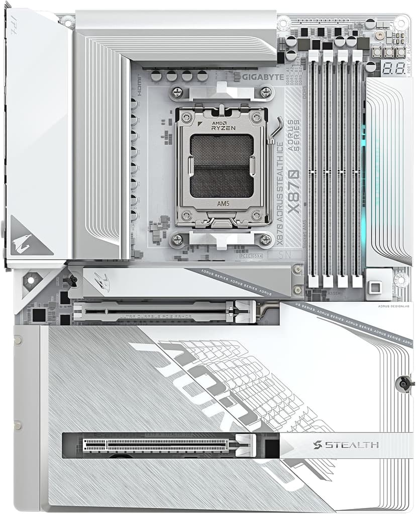 GIGABYTE X870 AORUS Stealth ICE AMD AM5 Motherboard, ATX, DDR5, 4X M.2, PCIe 5.0, 2xUSB-4,USB-C, WIFI7, 5GbE LAN, EZ-Latch