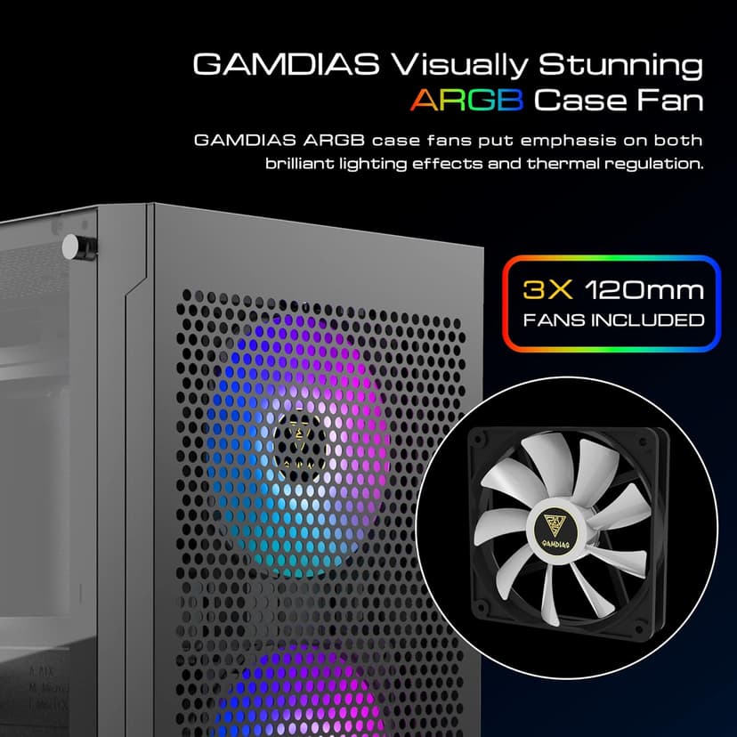 GAMDIAS Gaming ATX Mid Tower PC Computer Case with Tempered Glass, 3 Built-in 120mm ARGB Desktop Case Fans, Support Up to 360mm AIO/Radiator, 5x 120mm Fans, 300mm GPU/VGA, 150mm PSU & 160mm CPU Cooler