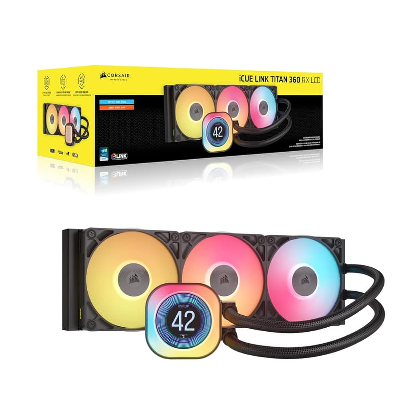 CORSAIR iCUE Link Titan 360 RX LCD Liquid CPU Cooler – 360mm AIO – Low-Noise – FlowDrive Cooling Engine – Intel LGA 1851/1700, AMD AM5/AM4 – 3X RX120 RGB Fans – iCUE Link System Hub Included – Black
