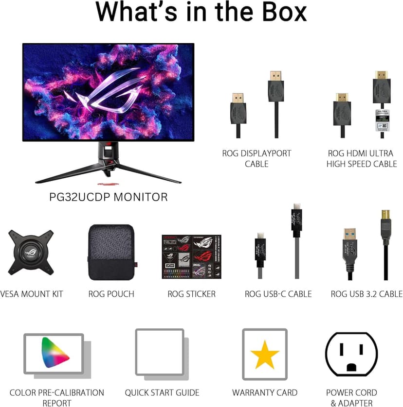 ASUS ROG Swift 32” 4K OLED Gaming Monitor (PG32UCDP) - WOLED, Dual Mode (4K 240Hz, FHD 480Hz), 0.03ms, G-SYNC Compatible, Custom Heatsink, AI Gaming, 99% DCI-P3,True 10-bit, USB-C 90W, 3yr Warranty