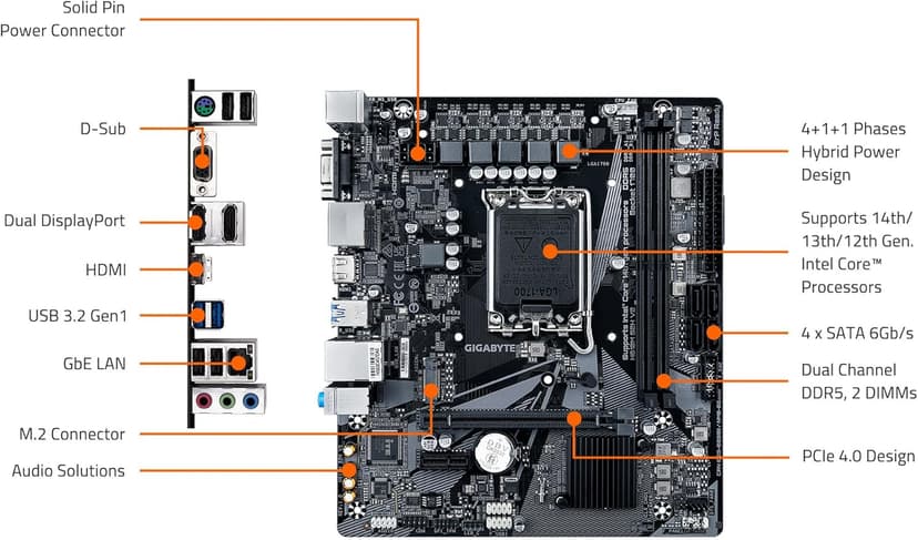 GIGABYTE H610M S2H V2 Motherboard, Supports 14th/13th/12th Gen Intel Core Processors (LGA 1700), mATX, DDR5, 1x M.2, PCIe 4.0, USB-C, HDMI, 2X DisplayPort, D-Sub, 1GbE LAN