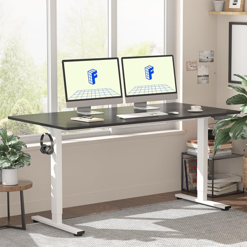 FLEXISPOT EN1 One Piece Standing Desk, 55 x 28 Inch Desktop Electric Adjustable Height Desk Home Office Computer Workstation Sit Stand up Desk (White Frame + Black Top, 2 Packages)