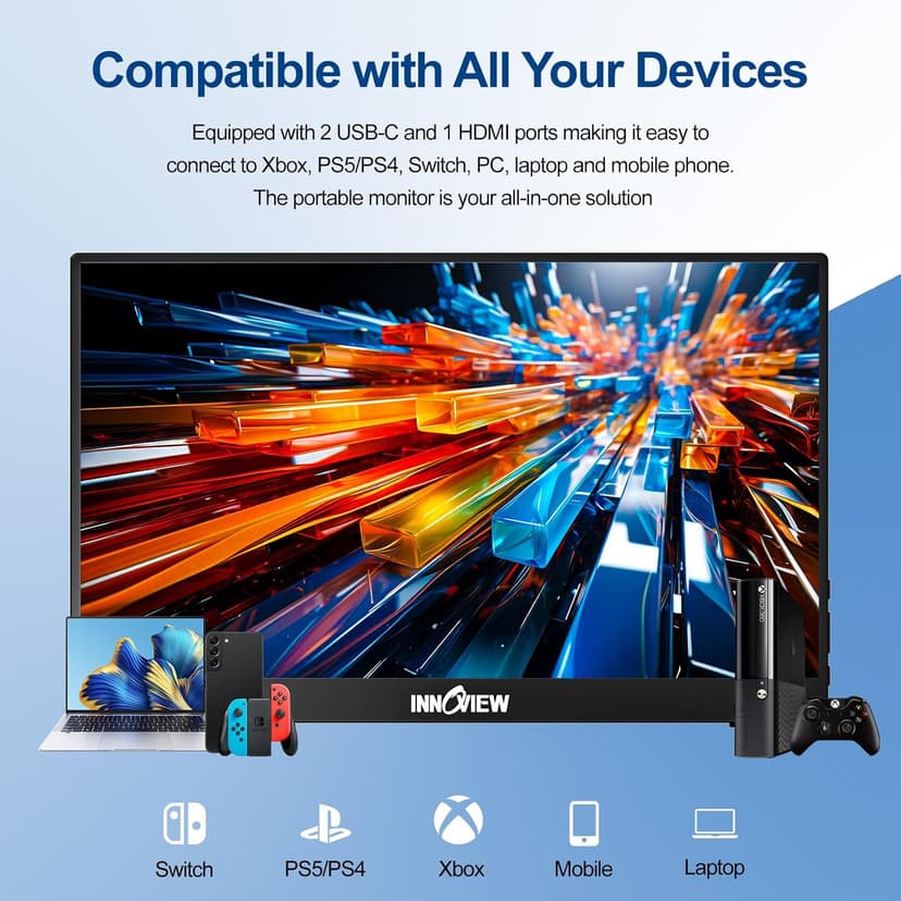InnoView Portable Monitor 15.6" 1080P Portable Monitors for Laptop with Protective Sleeve Built-in 90° Adjustable Stand USB C HDMI Ultra-Slim Portable Laptop Monitor for MacBook Phone PS Xbox Switch