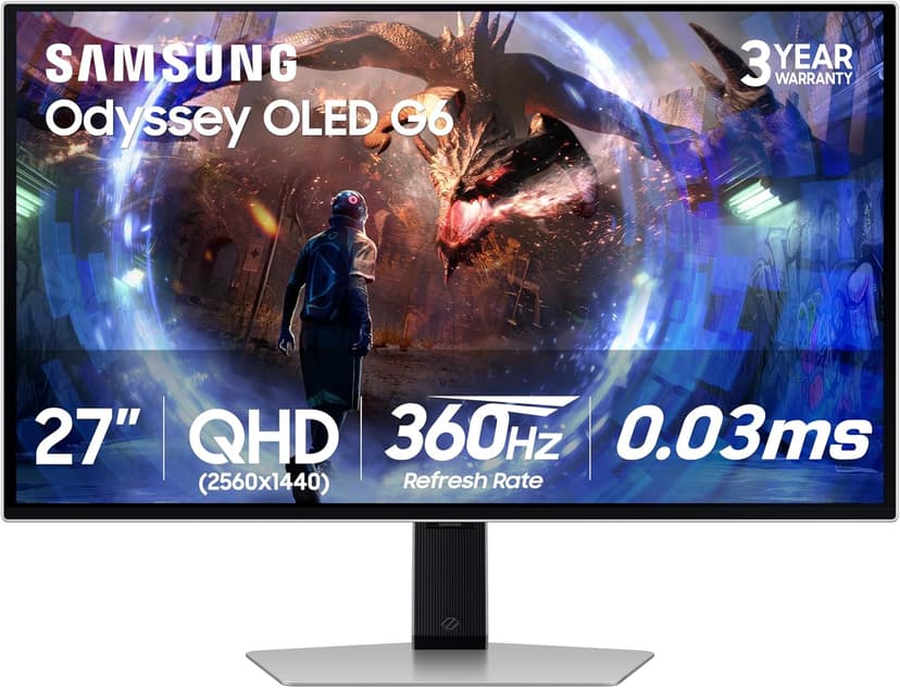 Samsung 27” Odyssey OLED G6 (G60SD) Series Gaming Monitor with QHD & QD-OLED, 360Hz 0.03ms, AMD FreeSync Premium Pro, Anti-Glare, Sleek Design, Cooling System, 3 Year Warranty, LS27DG602SNXZA
