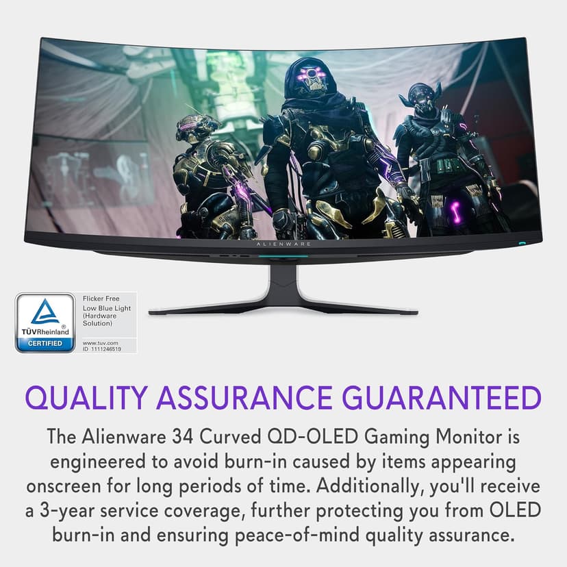 Alienware AW3423DW Curved Gaming Monitor 34.18 inch Quantom Dot-OLED 1800R Display, 3440x1440 Pixels at 175Hz, True 0.1ms Gray-to-Gray, 1M:1 Contrast Ratio, 1.07 Billions Colors - Lunar Light