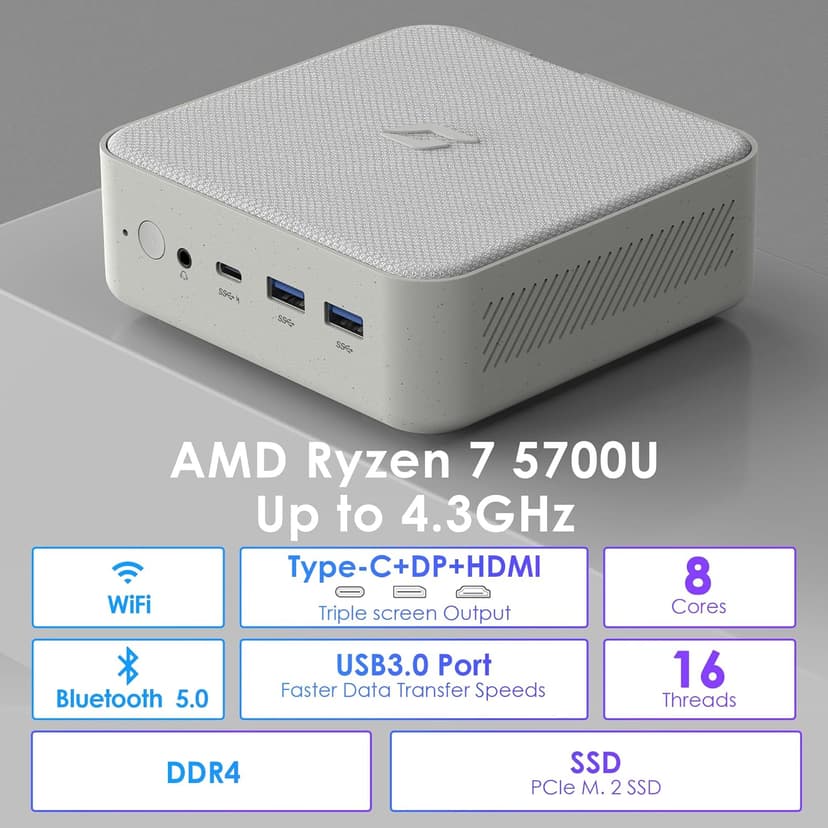 Mini PC Computers Gaming, AMD Ryzen 7 5700u (8C/16T,up to 4.3 GHz), Micro PC 64GB DDR4 RAM 2TB PCIe SSD, Small Desktop PC Supports 4K@60Hz/Triple Display/WiFi 5/BT5.0/HDMI+DP/Home/Office