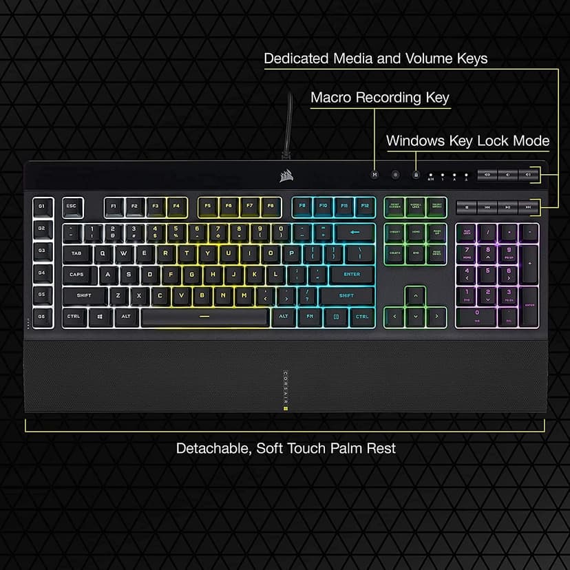 Corsair K55 RGB PRO Membrane Wired Gaming Keyboard – IP42 Dust and Spill-Resistant – 6 Macro Keys with Elgato Integration – iCUE Compatible – QWERTY NA – PC, Mac, Xbox – Black