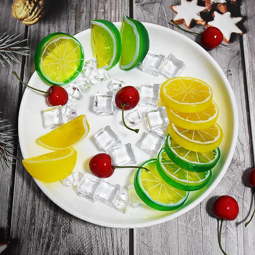 40 Pcs Fake Crushed Ice and Square Ice Rocks,10 Pcs Artificial Fruit Lemon Slices, 4 Pcs Simulation Lemon Blocks and 10 Pcs Lifelike Cherries for Home Kitchen Decoration Photography Prop
