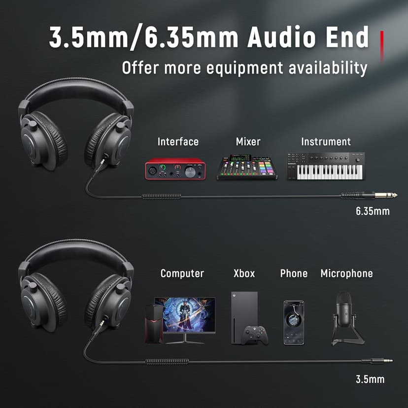 FIFINE Studio Monitor Headphones for Recording-Over Ear Wired Headphones for Podcast Monitoring, Streaming Comfortable Equipment with Detachable Cables 3.5mm or 6.35mm Jack, Black, on PC/Mixer-H8