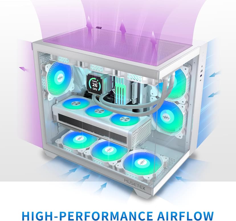 MUSETEX ATX PC Case, 6 PWM ARGB Fans Pre-Installed, 360MM RAD Support, Type-C Gaming PC Case, 270° Full View Tempered Glass Mid Tower, Pure White ATX Computer Case,Y6