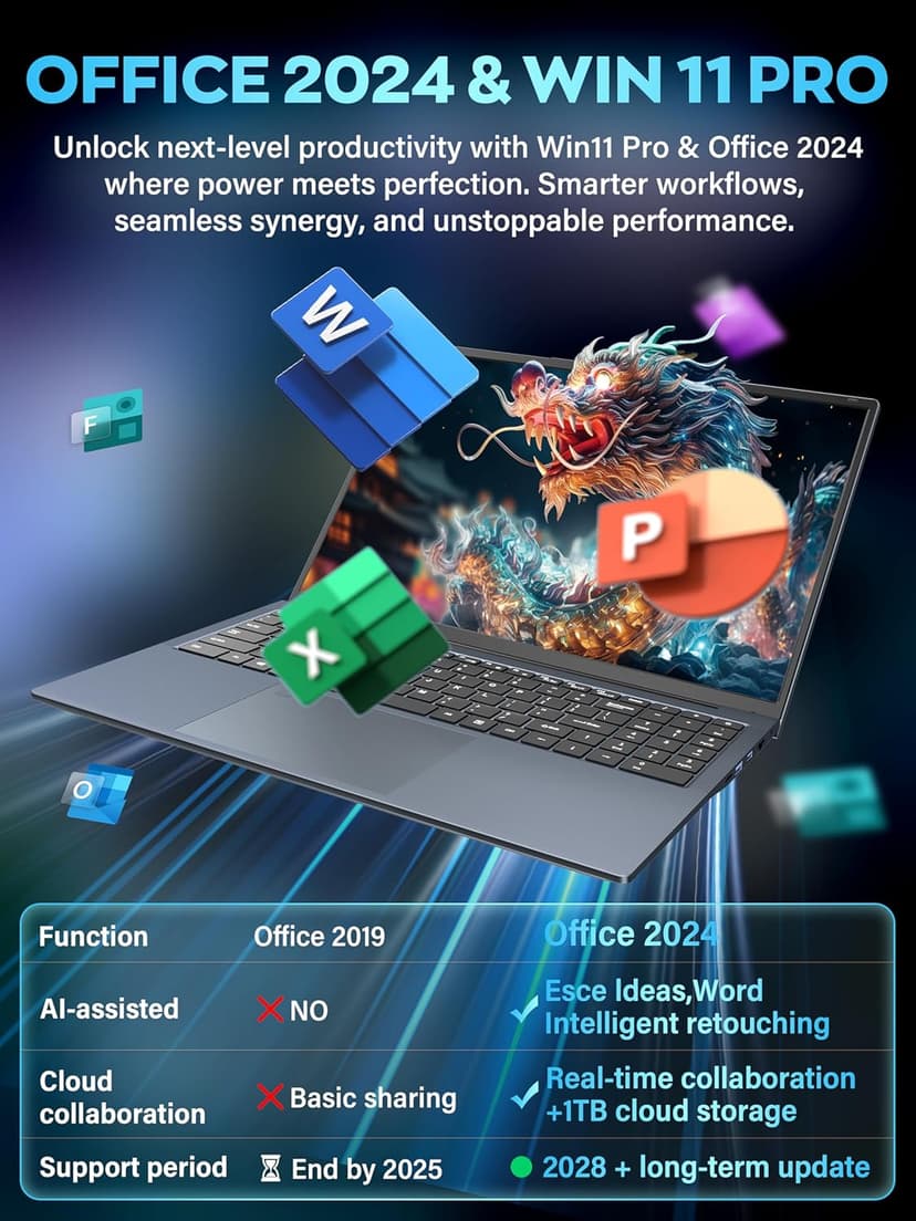 【MS Office 2024/Win 11 Pro】 2025 Laptops 16" 3K 3072x1920 IPS Laptop Computer with in tel N150(UP to 3.6 GHz),16G RAM, Backlit KB/Fingerprint/Webcam/Wi-Fi 5/BT, HDMI/USB-C/RJ45 (512G NVME SSD)