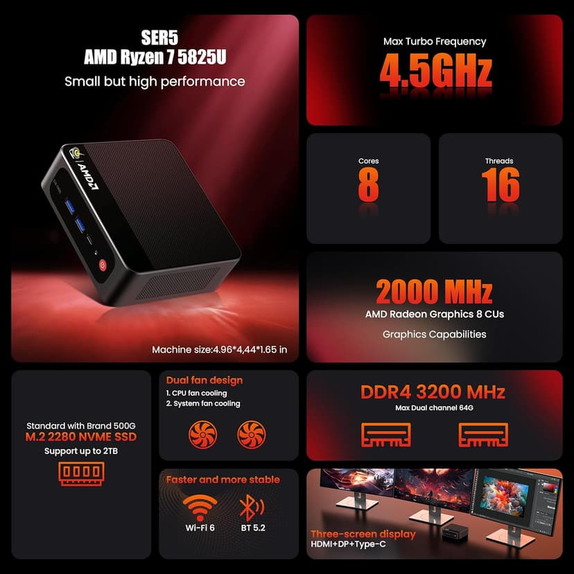 Beelink Mini PC, SER5 Pro 5825U AMD Ryzen 7 (Up to 4.5GHz) 16GB DDR4 500GB PCle 3.0 SSD Mini Desktop Computer, 2.5G LAN, Wifi6/BT5.2,HDMI/DP/Type-c/4K Triple Display Micro PC